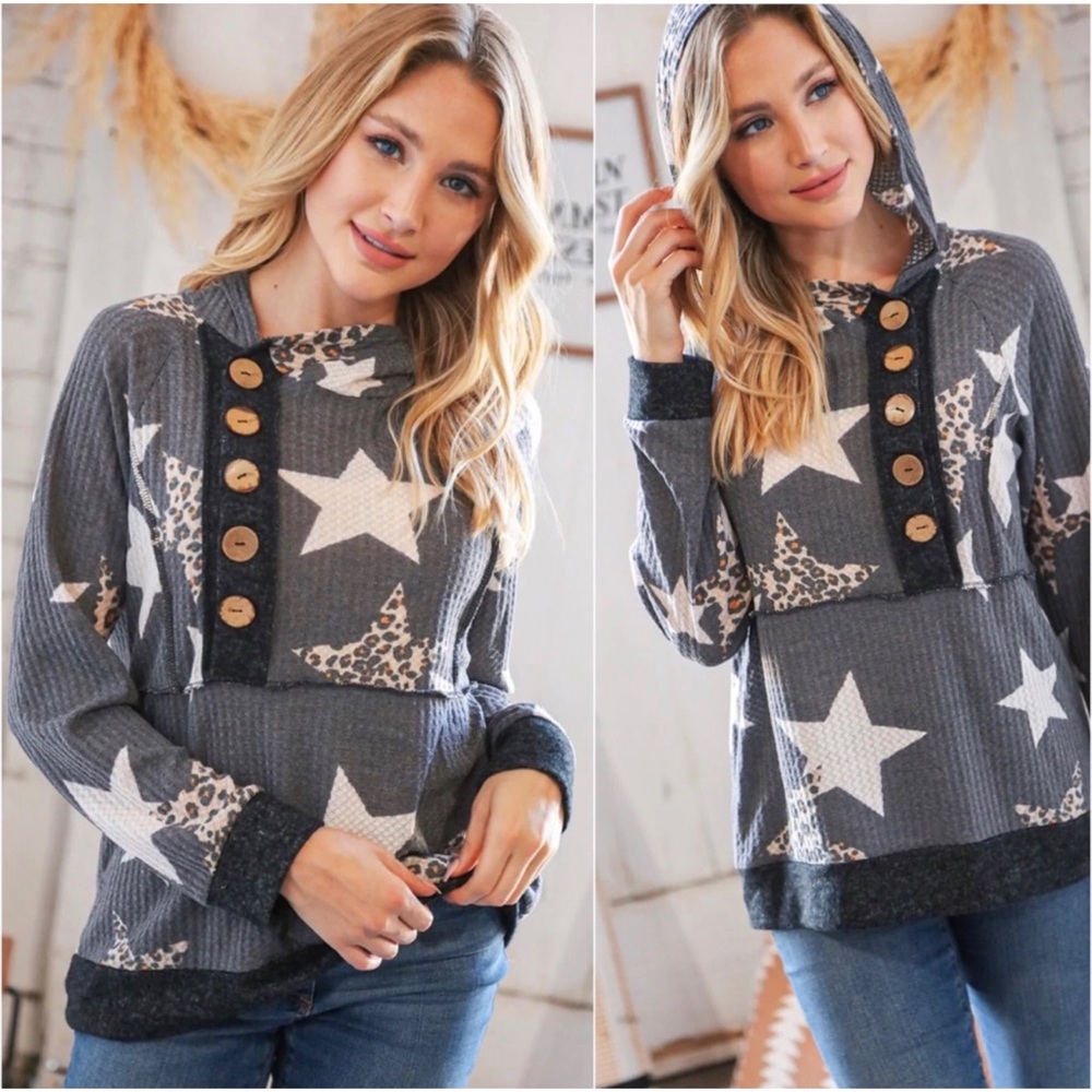 1 LEFT! Charcoal Waffle Knit Star Leopard Print Button Detail Hoodie Top - Picture 3 of 3